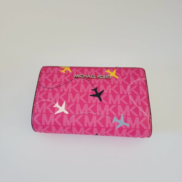 Michael Kors Jet Set Travel Agency Medium Bifold Zip Coin Wallet Dragonfruit - Picture 3 of 8